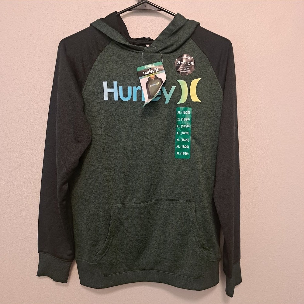 Hurley Boys XL 18/20 H2O-Dri Raglan Pullover Hoodie Green Black 1614010 NWT